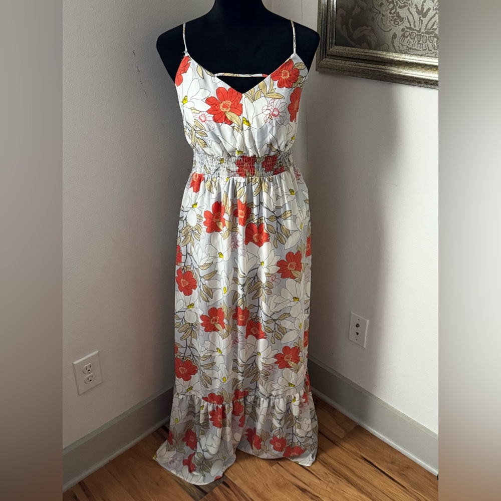 Jodi Kristopher Floral Maxi Dress gray Orange Accents smocked‎ waist Sz M